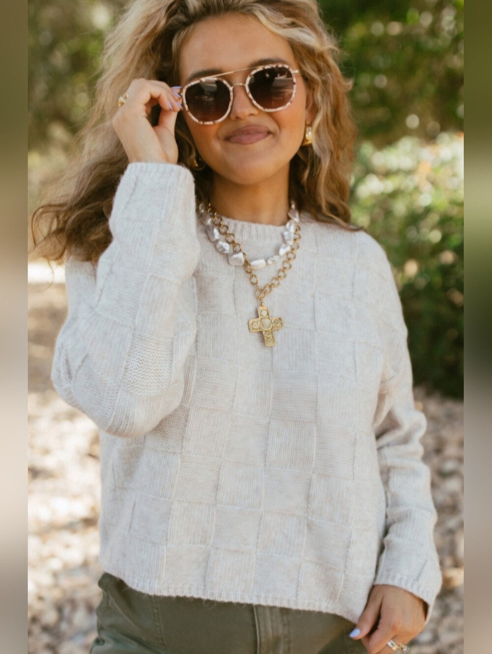 Z Supply Light Cream Checkerboard Crewneck Sweater